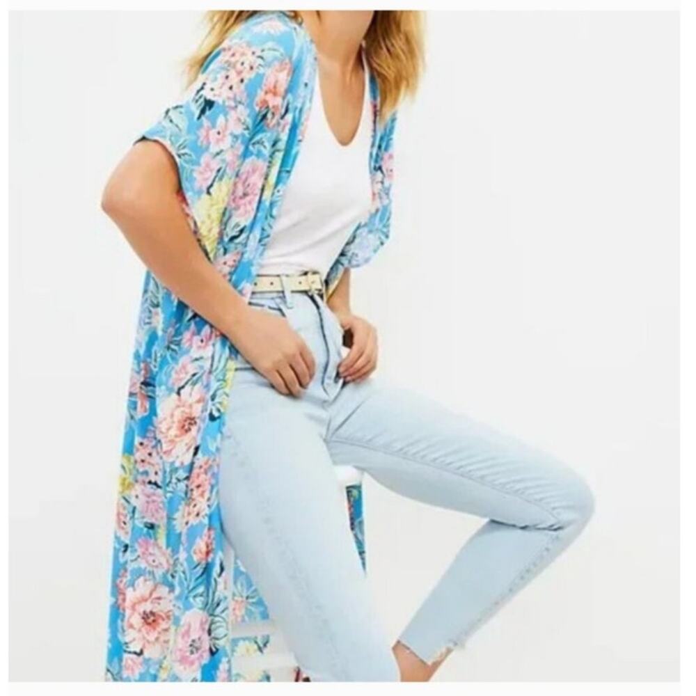 Loft blue floral long kimono boho bohemian draped festival layering large